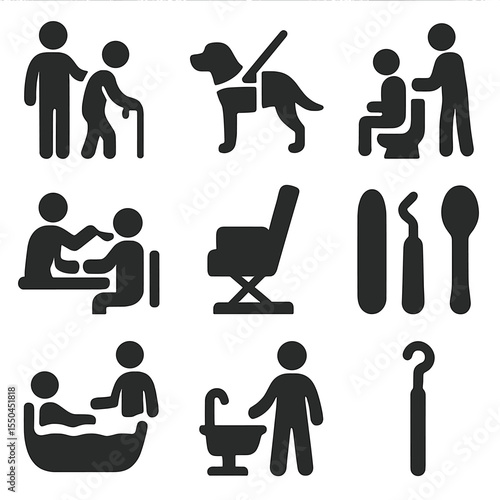 Personal Care Icons. Solid style icons of personal care and support: caregiver icon, assistance dog harness, personal assistant