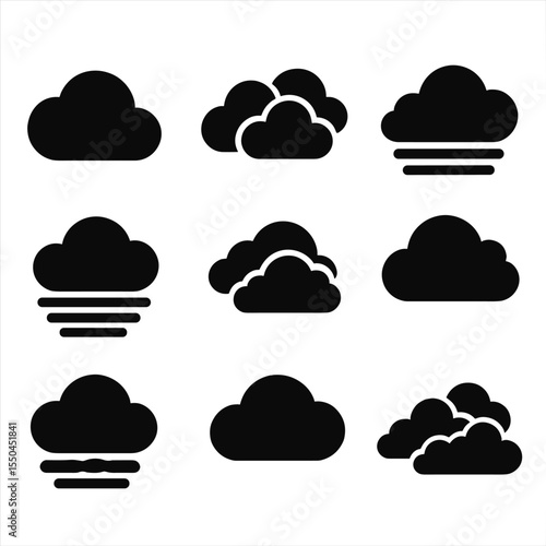 Cloud Icon Set. Solid vector icons of cloudy skies: overcast cloud icon, scattered clouds symbol, layered cloud shapes, cloud