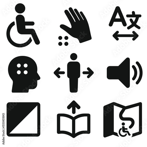 Inclusive Signage Icons. Solid vector icons of inclusive signage and symbols: universal accessibility icon, tactile sign symbol,