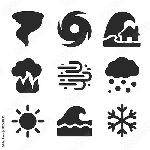 Extreme Weather Icons. Solid vector icons of extreme weather: tornado funnel icon, hurricane spiral symbol, tsunami wave and house