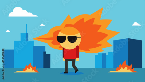 Casual Stroll A character with sunglasses and a nonchalant expression is seen walking away from a large colorful explosion that fills the background. The setting is a simple urban