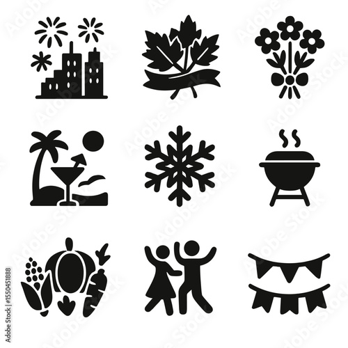 Seasonal Celebration Icons. Solid vector icons of seasonal celebration: fireworks over city, autumn leaves with ribbon, spring