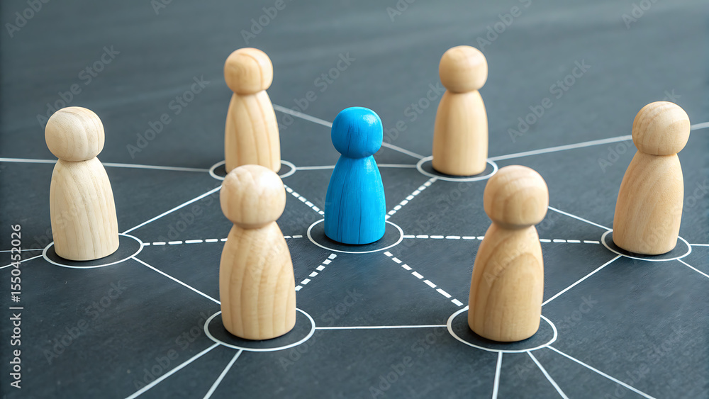 Obraz premium Network of Leadership: A captivating overhead shot showcases a network diagram, with wooden figures interconnected, symbolizing connections, innovation, and leadership in a modern context.