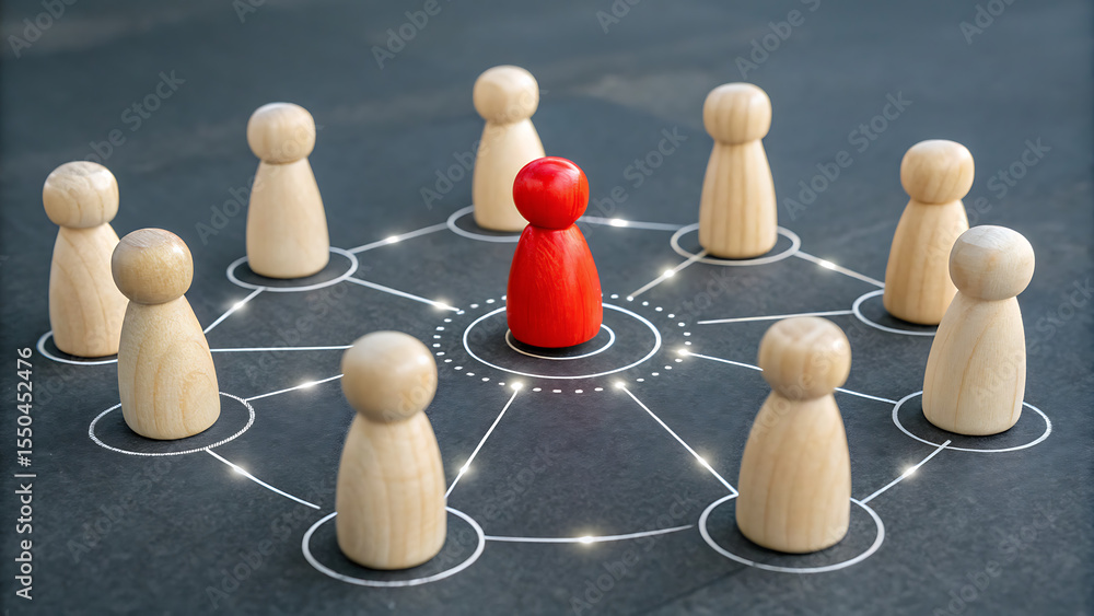 Obraz premium Strategic Leadership: A visual metaphor of leadership, with a central figure in vibrant red commanding attention, representing a network of interconnected individuals