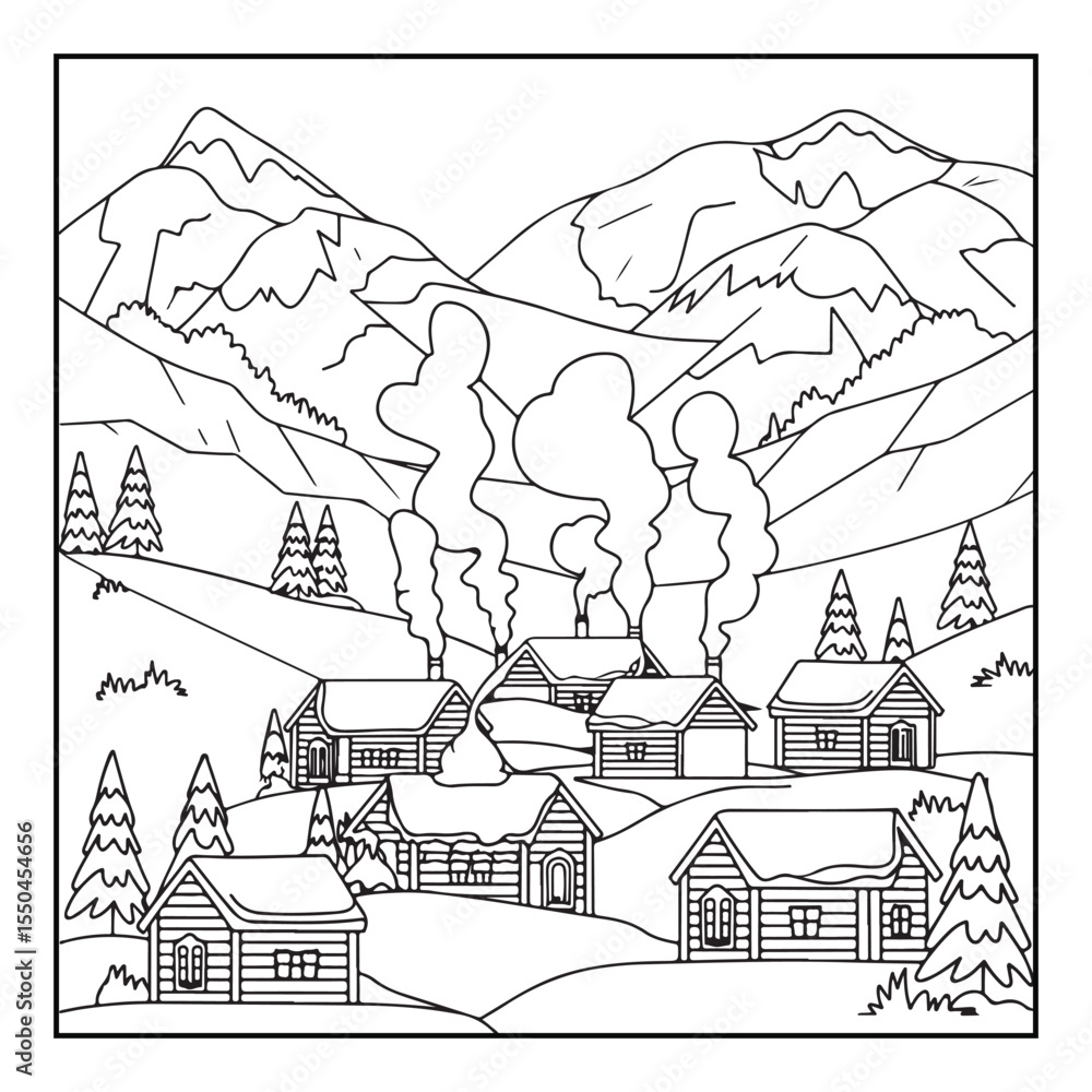 Fototapeta premium Bold & Easy Cozy winter coloring book pages, line art vector illustration, black and white designs, coloring book for all ages, coloring pages, winter, Whimsical illustration 