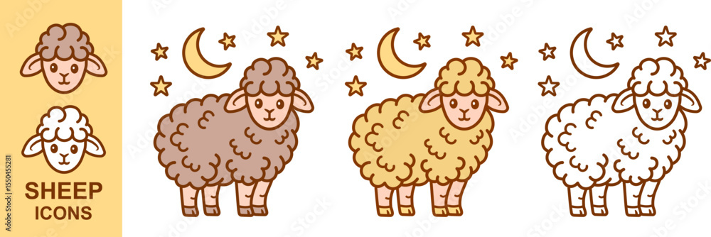 Obraz premium Cute sheep, lamb farm animal with moon and stars icon set. Funny little ram character. Night sleep dream. Wool textile. Domestic ewe head face. Agriculture livestock mammal. Aries zodiac sign. Vector