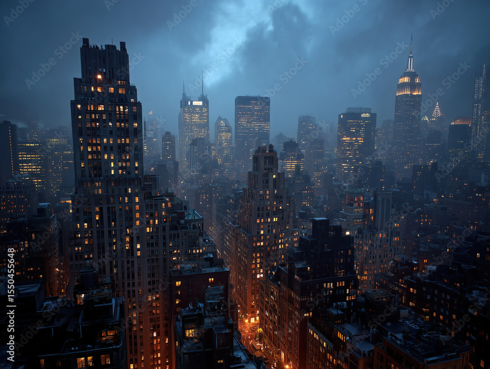 Obraz premium City Skyline at Night with Illuminated Skyscrapers
