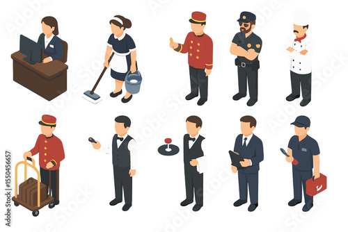 Isometric Illustration of Various Hotel Staff and Roles