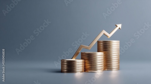 Golden arrow pointing upwards with piles of coins depicting financial growth