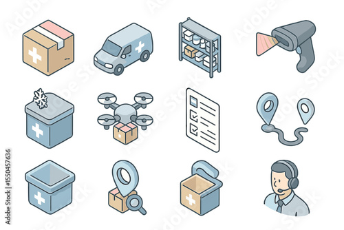 Medical Delivery and Logistics Icon Set with Various Elements