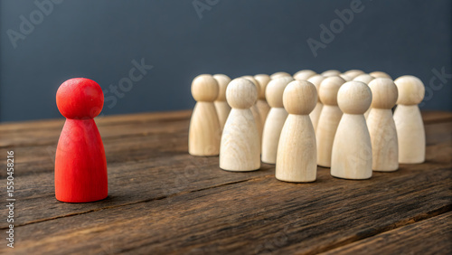 Red Figure Leading: A striking image of a vibrant red figure confidently leading a collection of wooden figures. This conceptual depiction underscores the powerful themes of leadership, direction.