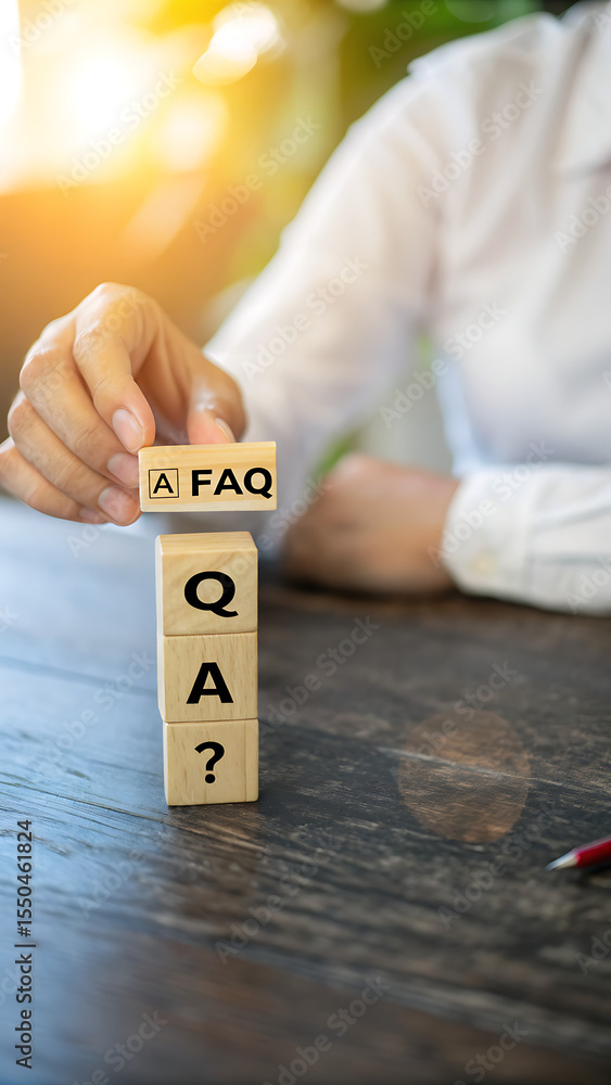 Naklejka premium FAQ Block Question: A person arranges wooden blocks spelling out 