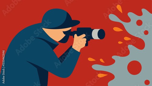 Closeup of Evidence A forensic photographer taking a detailed macro shot of a spatter pattern on a wall with a focus on the texture and color variations.