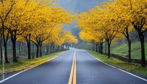 Wallpaper Mural A paved road lined with vibrant yellow trees Torontodigital.ca