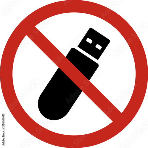 Red prohibition sign crossing out black usb flash drive, preventing data transfer