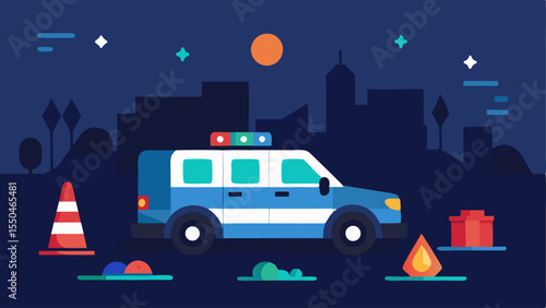 Emergency Scene Overview A police vehicles lights flashing at an accident scene lighting up emergency responders and their equipment as they work in the dark.