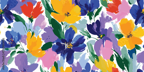 Painterly Floral pattern with various wild meadow flowers. Colourful cute floral summer backgrounds. Lovely design for wrapping, textile, cover, print, banner, greeting card, label, wallpaper