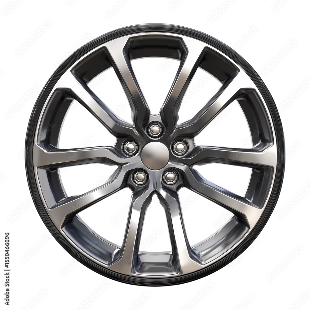 Isolated on white, a silver car wheel with an aluminum alloy rim and steel disk tire for automotive transportation Isolated on white, a silver car wheel with an aluminum alloy rim and steel disk tire for automotive transportation