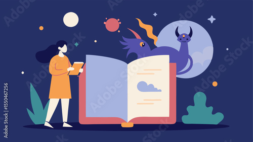 In this illustration the gigantic book is visibly ancient with a beautifully detailed cover adorned with mythical creatures and natural motifs. The small reader stands