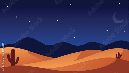 Desert landscape at night with cactus and moon flat vector illustration