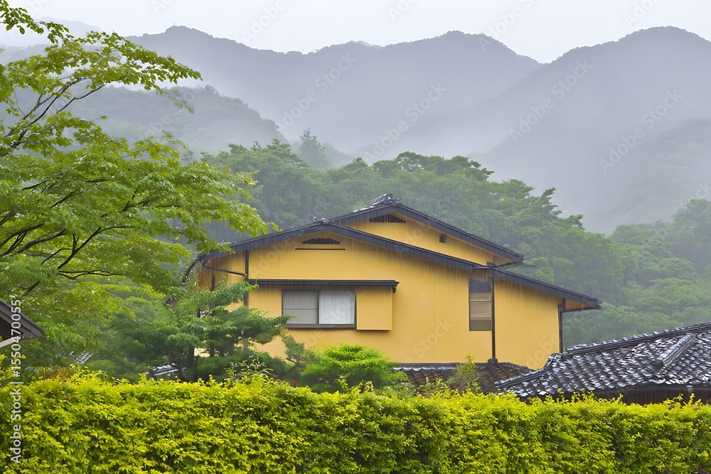Fototapeta premium Yellow house in misty mountains