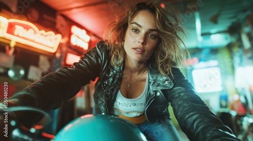 A striking woman in a leather jacket poses confidently under vibrant neon lights, capturing an edgy, urban lifestyle filled with energy and modern aesthetics.