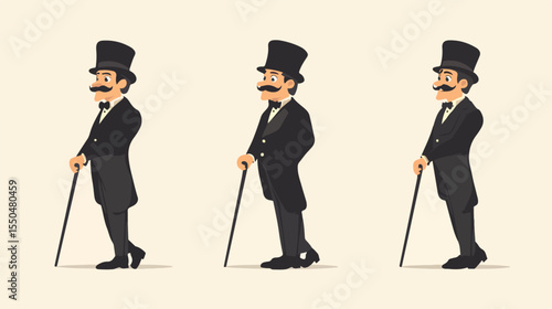 Elegant Cartoon Man in Top Hat with Cane Vector