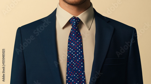 Well dressed individual navy blue suit and patterned tie stands against neutral background, exuding confidence and professionalism. tie features vibrant design with red and white squares