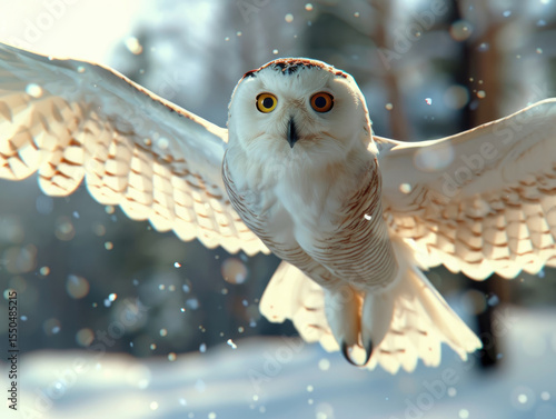 Majestic snow owl in mid flight, showcasing its striking features and wingspan against snowy backdrop. scene captures beauty and grace of this magnificent bird, evoking sense of wonder and freedom