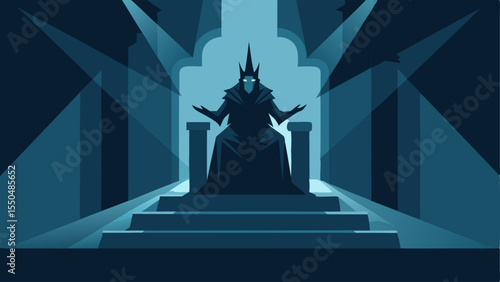 Character on a Throne A silhouetted figure sits confidently on a grand intricately designed throne adorned with abstract patterns. The characters expression is stern yet wise and