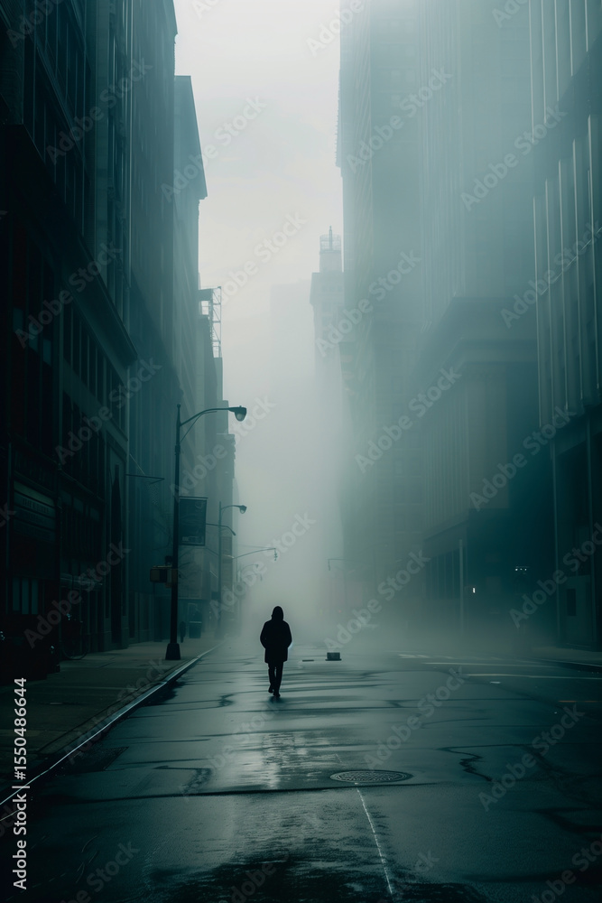 Obraz premium Solitary figure walks in dense fog. City street veiled in mystery, the human form blends into the atmospheric urban landscape.