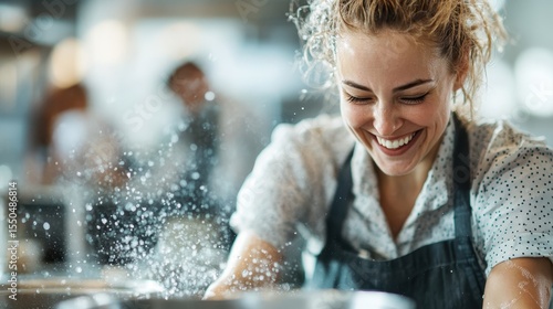 A cheerful woman enjoys cooking as flour flies in the air, showcasing the joy and fun of preparing food, encapsulating a lively kitchen atmosphere.