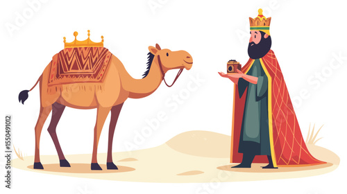 Wisdom and Leadership Concept with King and Camel in Flat Vector Illustration