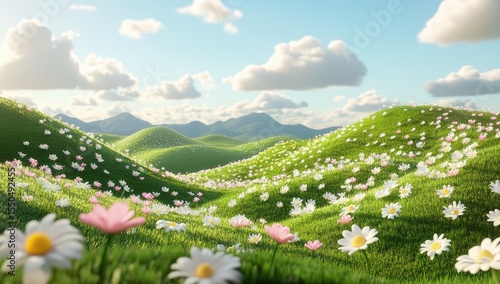 A cheerful, sunlit landscape of rolling hills covered in vibrant flowers