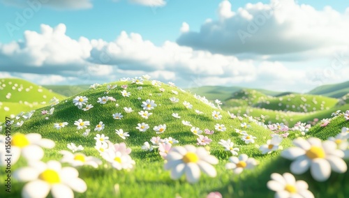 A cheerful, stylized landscape of rolling hills covered in vibrant green grass and numerous small white and pink flowers.  Sunny, dreamy aesthetic
