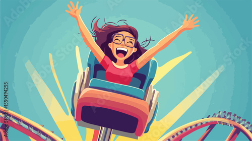 Excited Woman on Roller Coaster in Amusement Park
