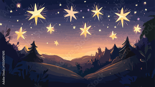 Enchanting Fairy Tale Stars with Contrails Flat Vector Illustration