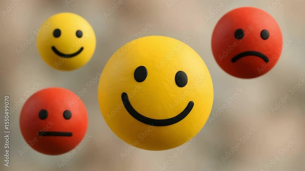 3D like bright yellow happy and red sad spheres float in soft focus space. Concept of contrasting emotional feedback. 3D like bright yellow happy and red sad spheres float in soft focus space. Concept of contrasting emotional feedback.