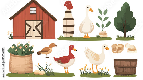 Farm Objects Set with Wild Ducks Cartoon Flat
