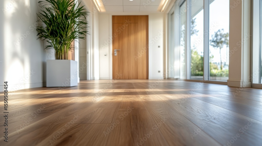 Fototapeta premium This image showcases a bright, spacious hallway featuring polished wooden flooring alongside large windows that invite natural light, enhancing its modern design appeal.
