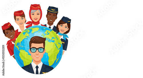 Diverse Flight Attendants Celebrating World Civil Aviation Day with Globe Design for Travel Blogs, Education, Awareness Campaigns, and Aviation Industry Content