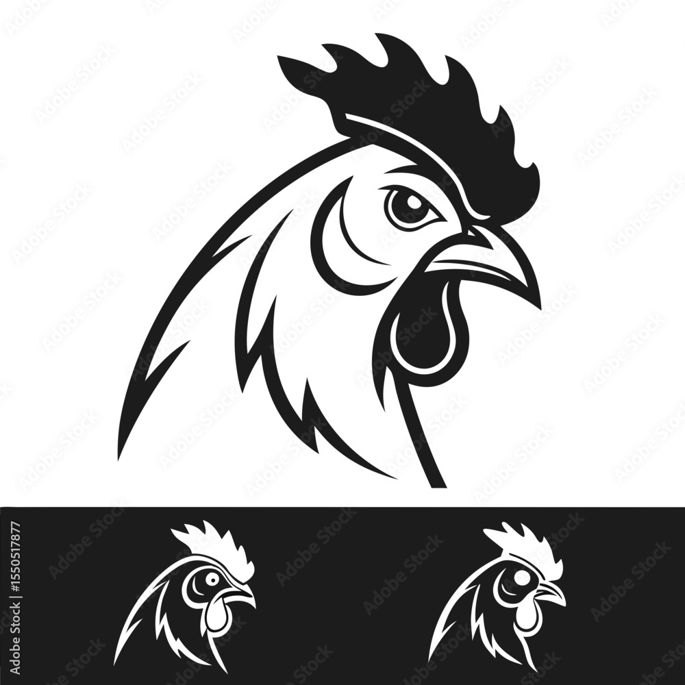 Fototapeta premium Bold black and white rooster head emblem with tribal flair