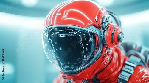 A striking close-up of a red astronaut helmet showcases advanced technology and futuristic design, embodying humanity's quest for exploration beyond our planet into space.