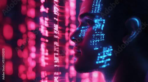 Profile of a person with digital overlay and pink and blue neon lights in the background