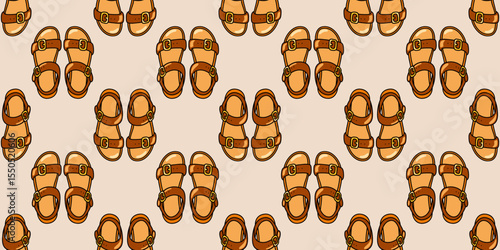 Seamless pattern with brown leather sandals on beige background. Summer unisex shoes. Cartoon style vector background. 