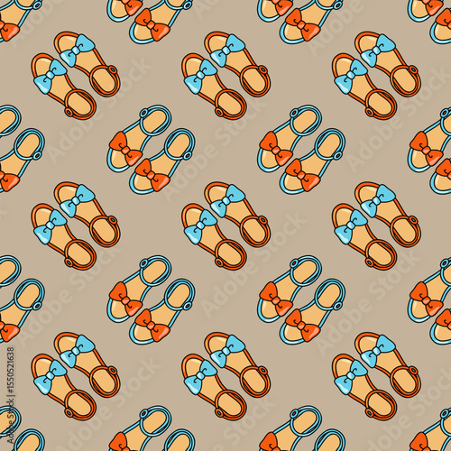Seamless pattern with cute sandals and colorful bows on beige background. Summer shoes cartoon style vector background. 