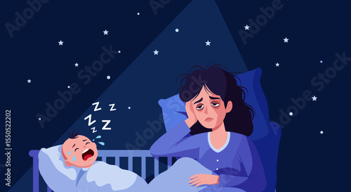 Exhausted mother with dark circles beside crying baby for parenting support articles and wellness blogs