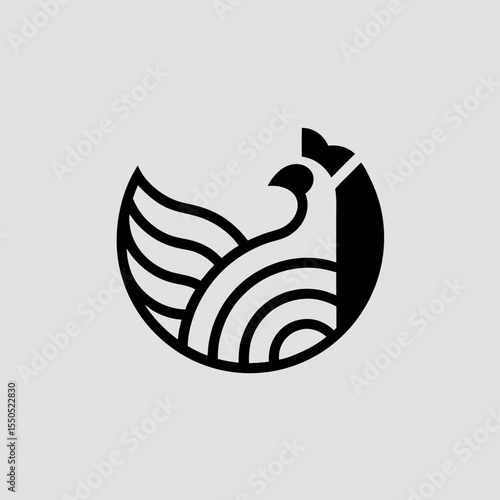 Modern stylized black rooster logo design on a light gray background