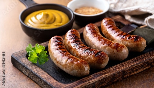 grilled bratwurst sausages with mustard