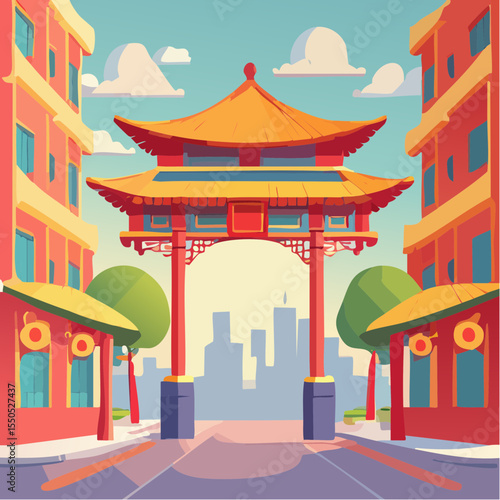 Colorful Vector Illustration of a Vibrant Chinatown Gate with Traditional Ornate Details, Red and Gold Accents, Lanterns, and Cultural Symbols; A Celebration of Heritage and Architecture